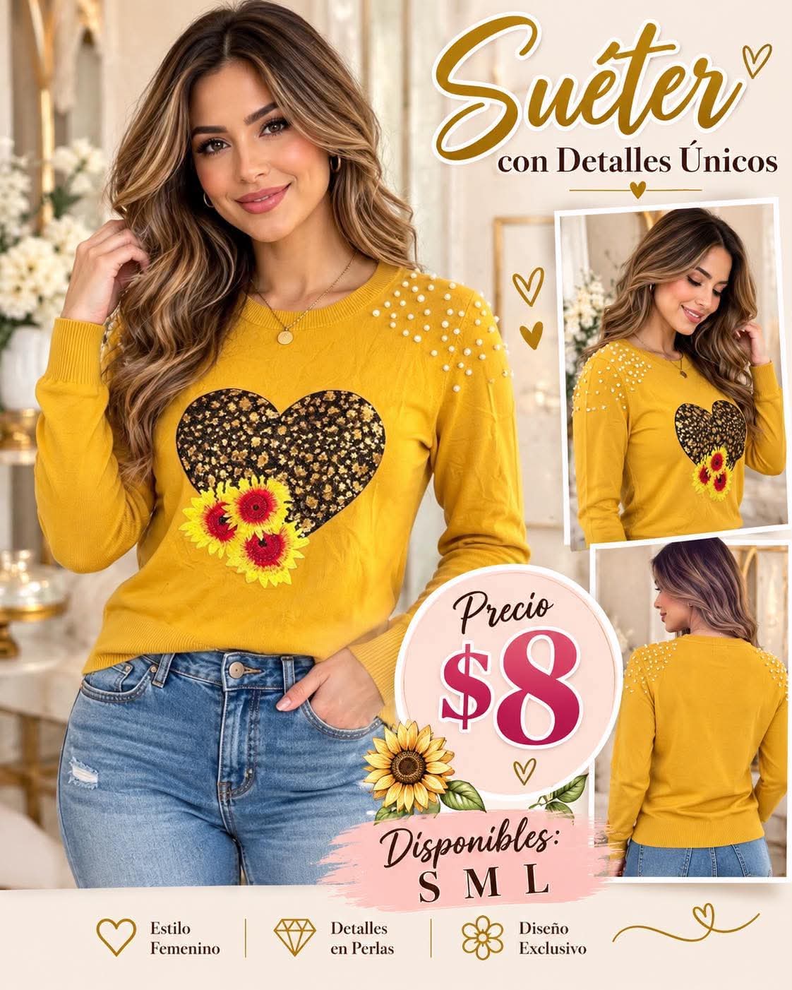 Long Sleeve Top with Pearl-Shoulder Accents and Floral Animal Print Heart