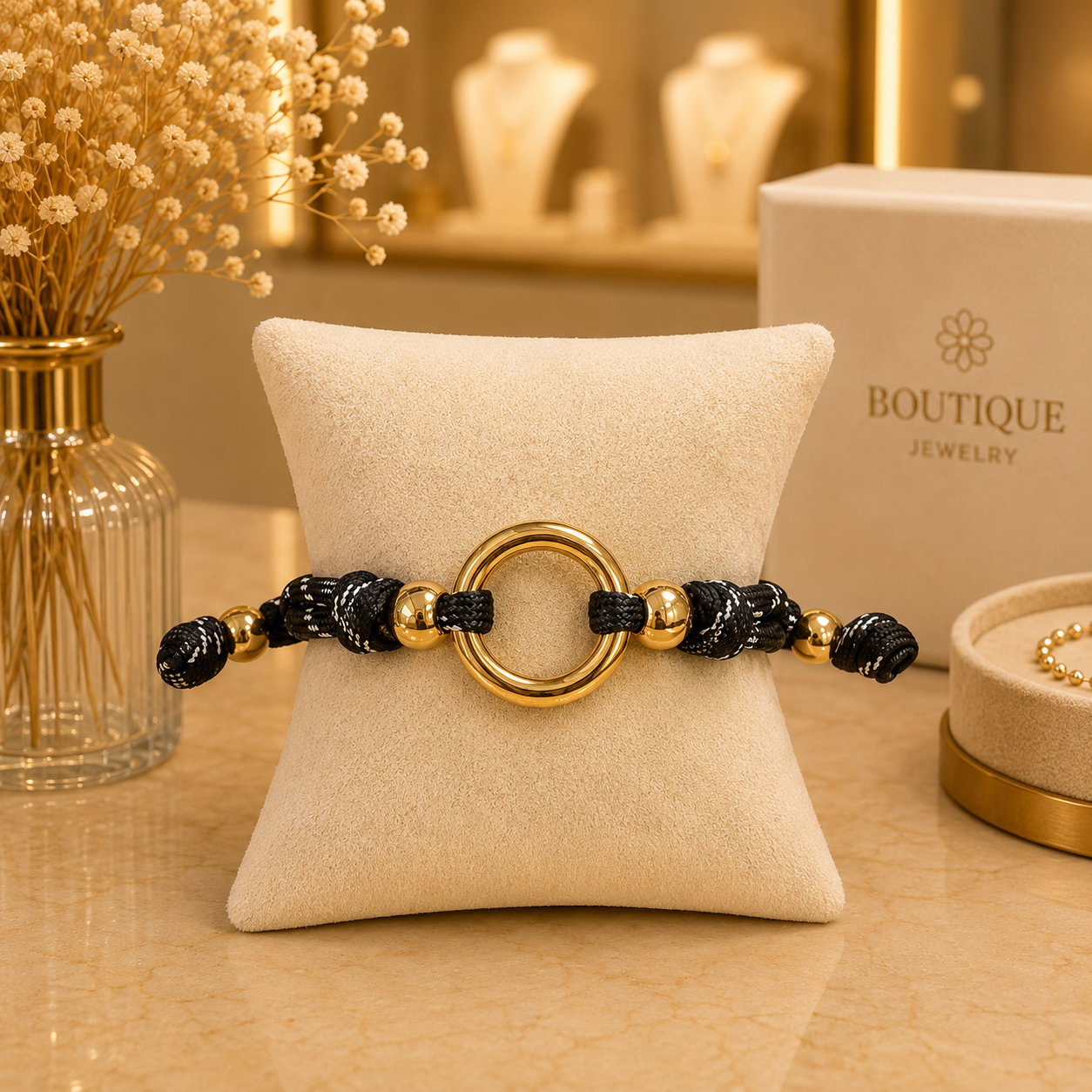 Black & Gold Circle Rope Bracelet – Adjustable