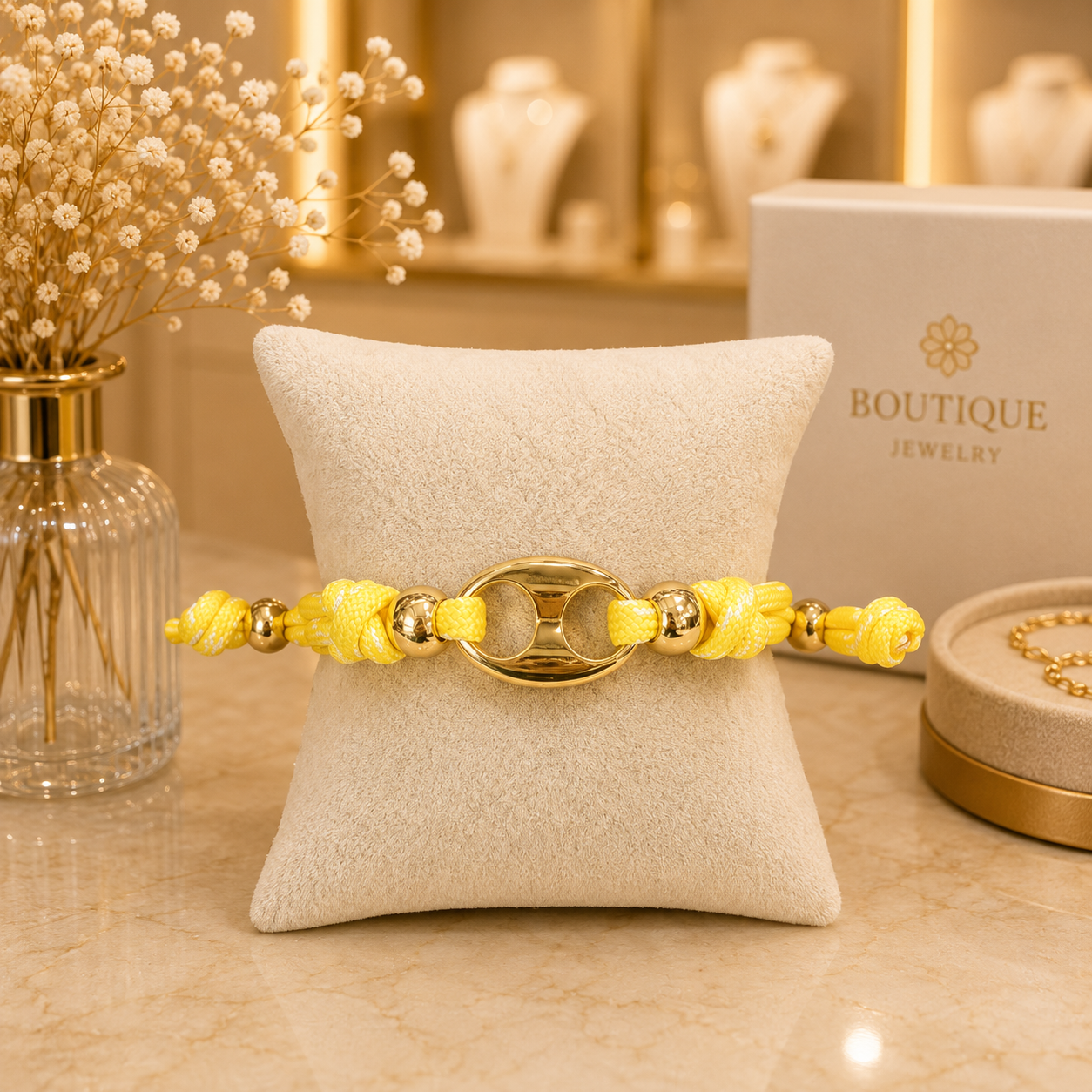 Yellow Adjustable Rope Bracelet – Gold Oval Accent