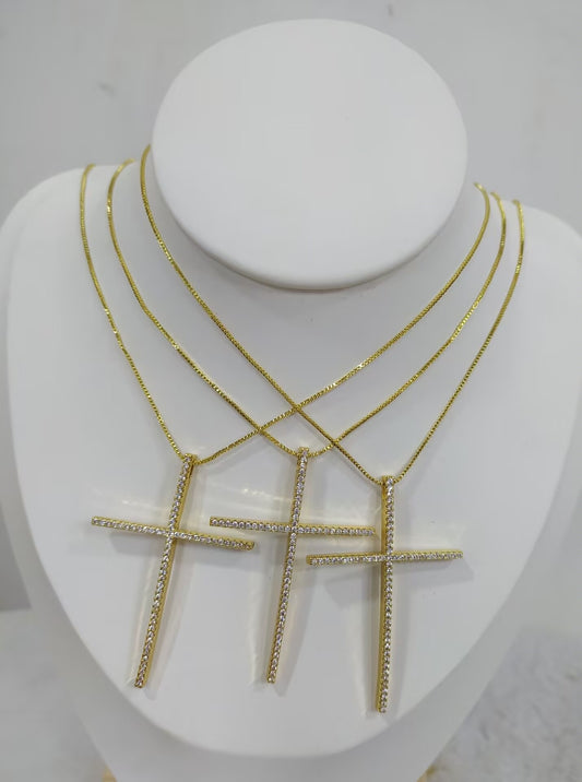 Gold-Tone Cross Necklace with Rhinestones