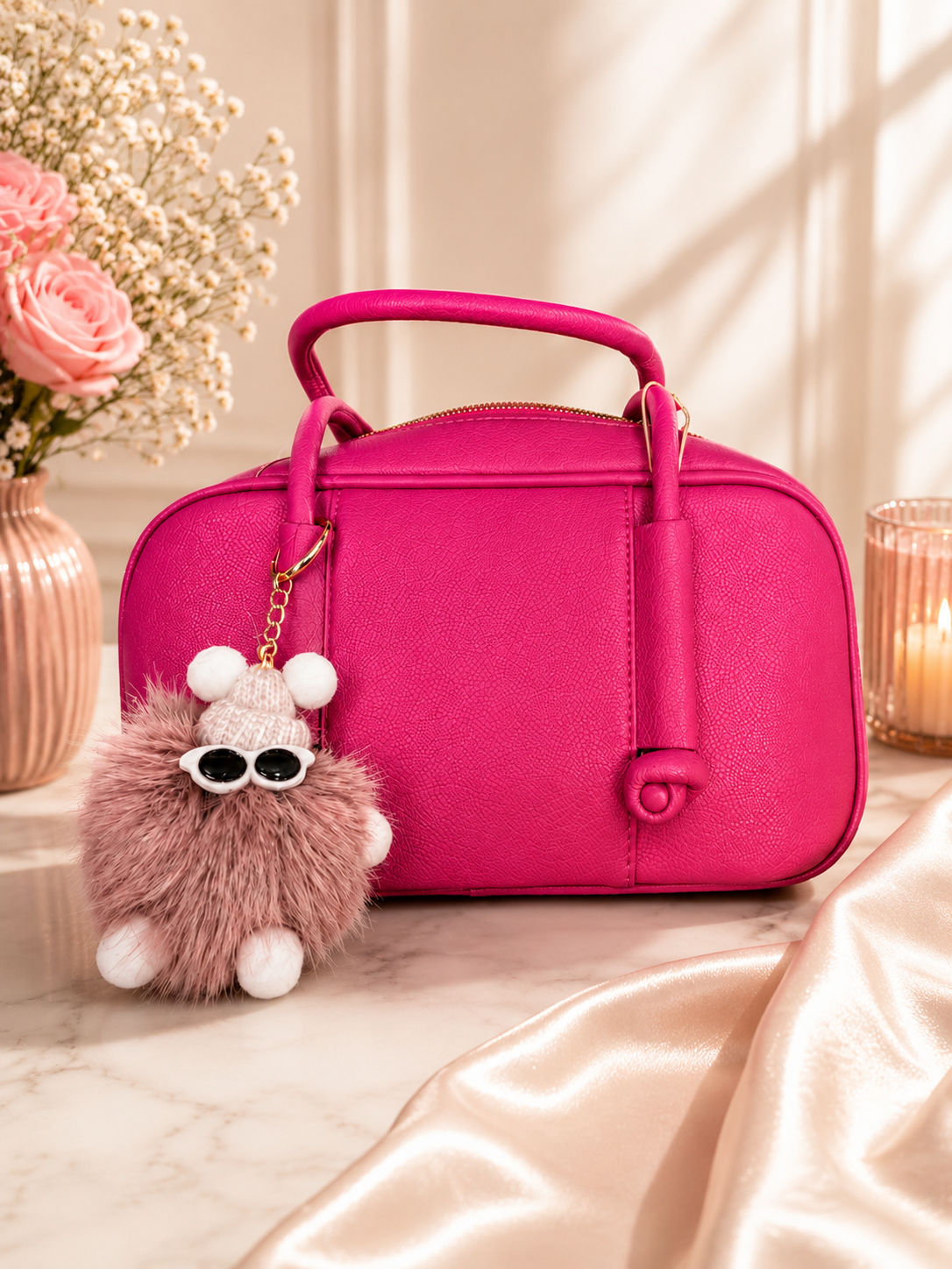 Fuchsia Top Handle Handbag with Plush Charm