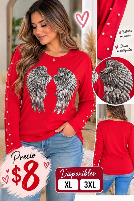 Plus Size Long Sleeve Top with Silver Embossed Wings - Red