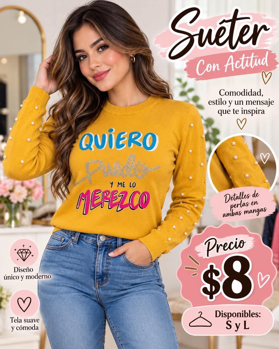 Long Sleeve Top with Pearls and Glitter Message