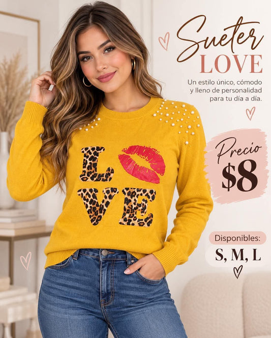 Long Sleeve Top with Red Lips and Animal Print “LOVE”