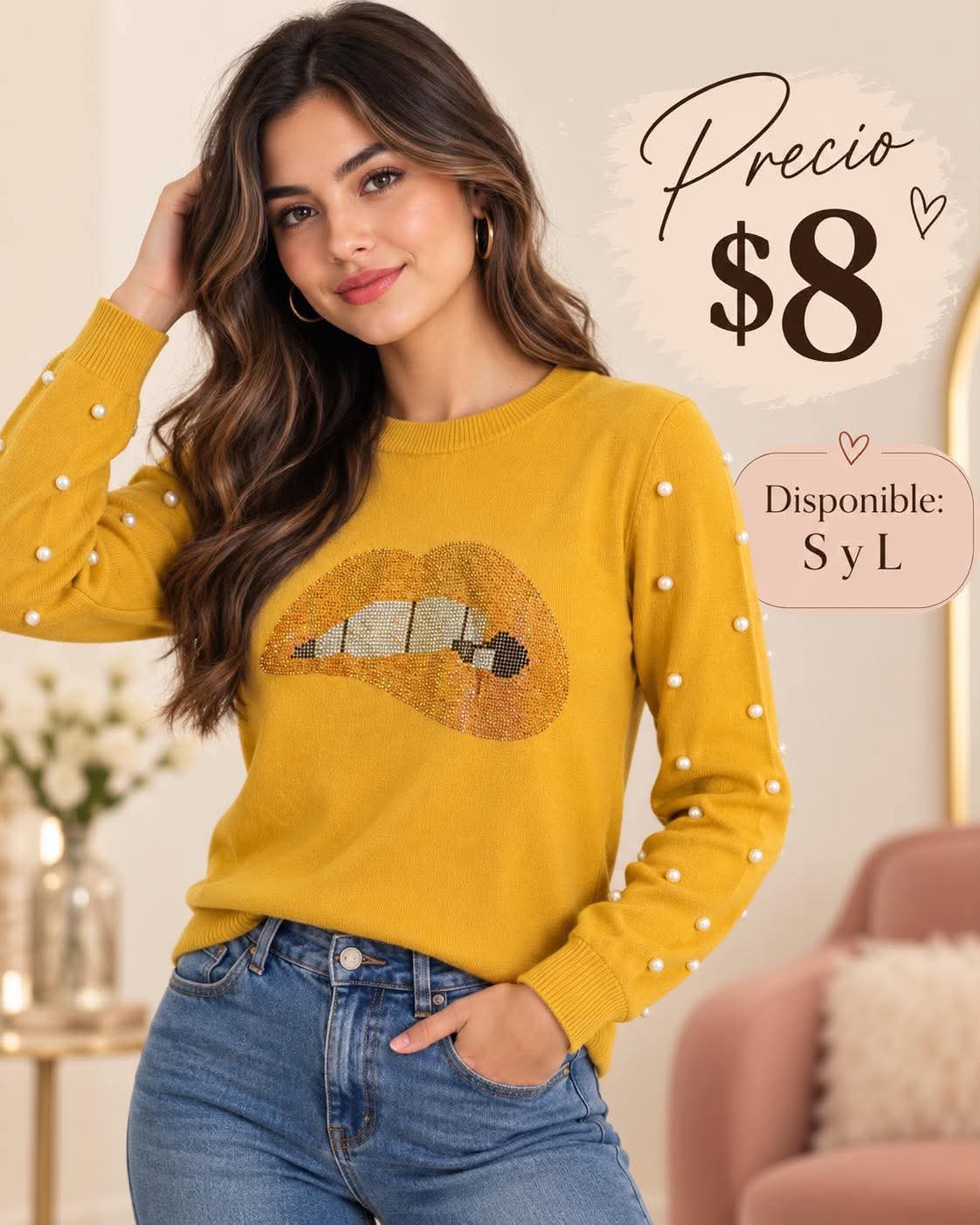 Yellow Top with Rhinestone Lips