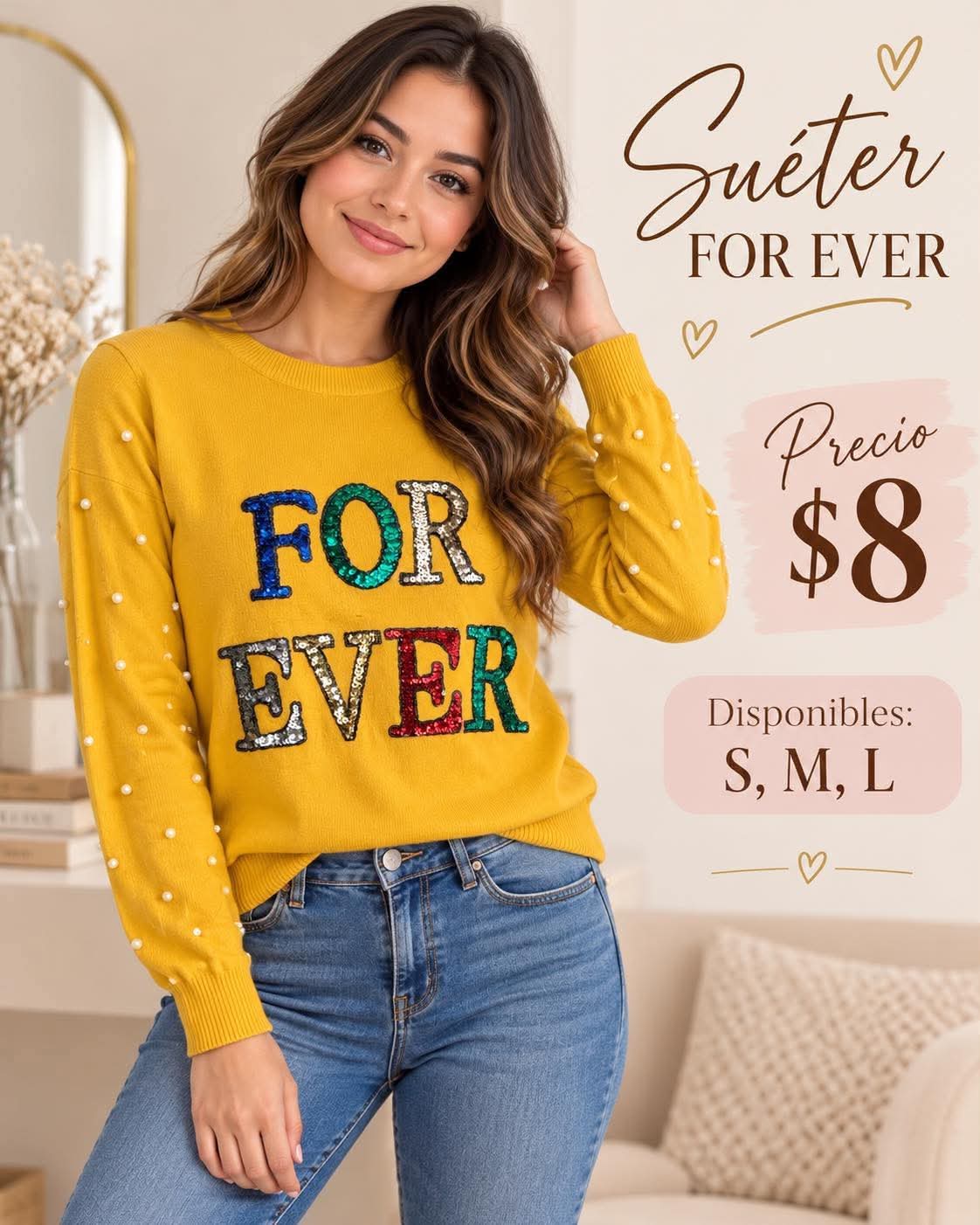 Long Sleeve Top with Pearls and “Forever  Message