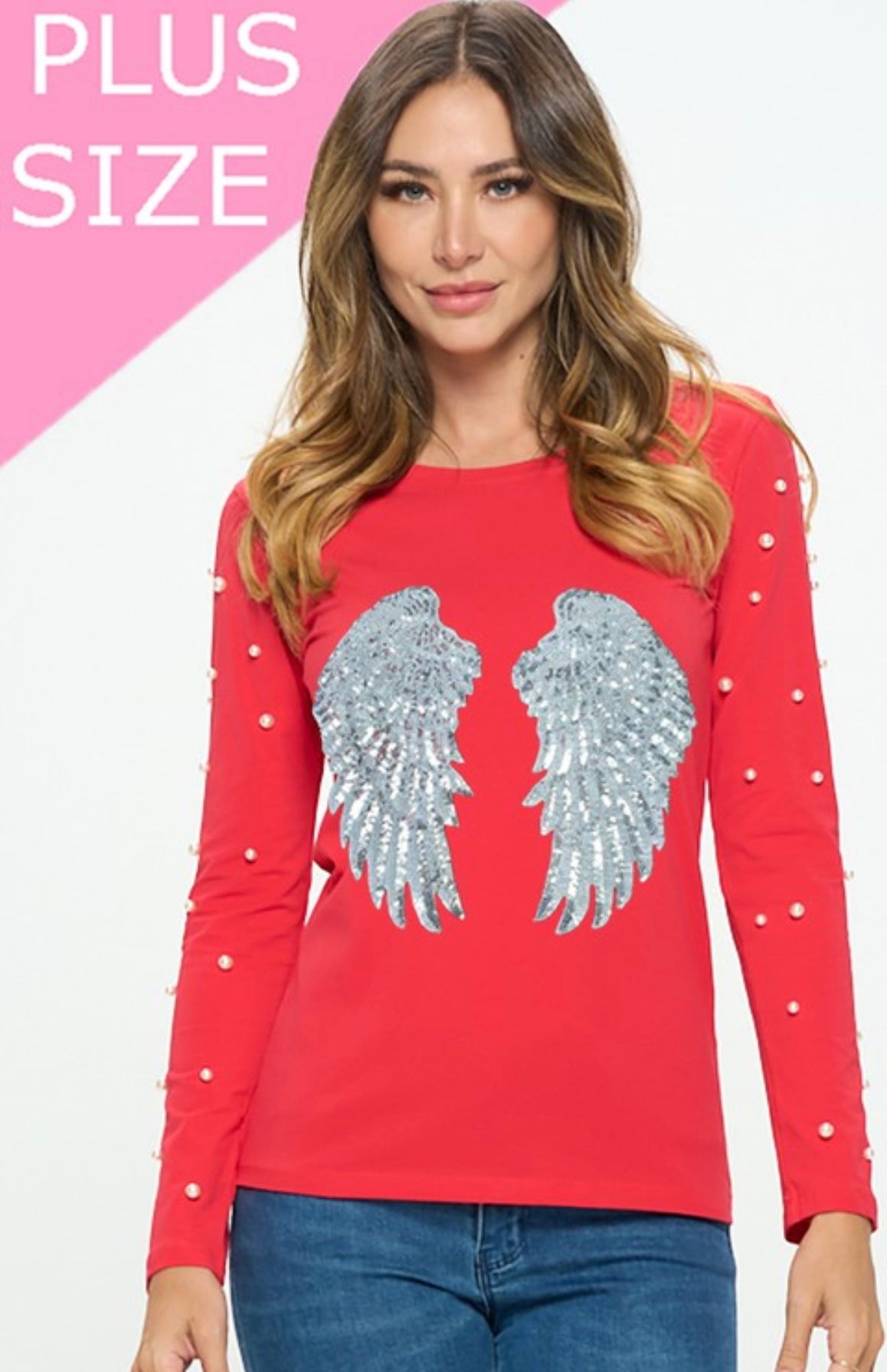 Plus Size Long Sleeve Top with Silver Embossed Wings - Red