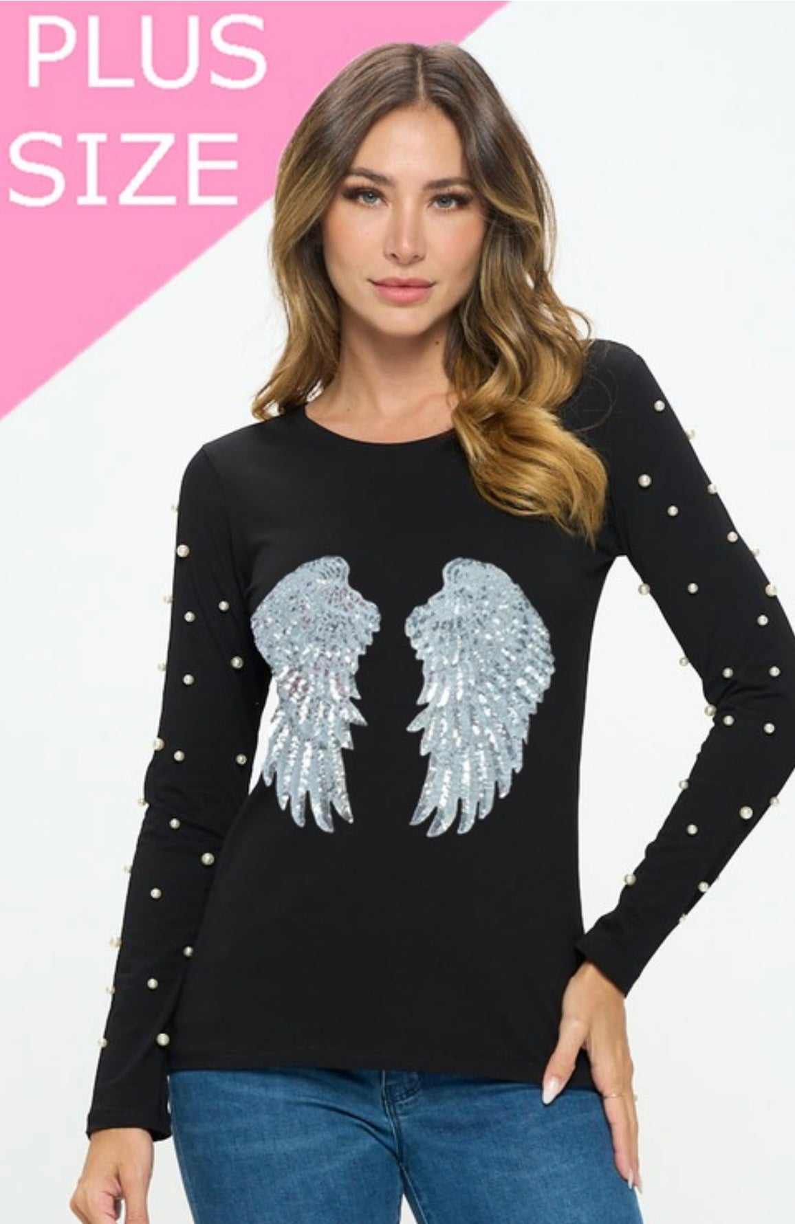 Plus Size Long Sleeve Top with Embossed Wings - Black