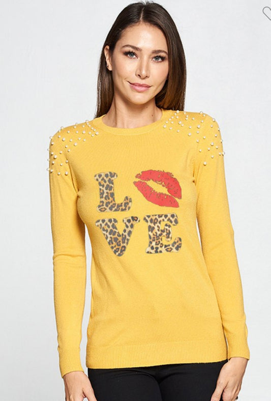 Long Sleeve Top with Red Lips and Animal Print “LOVE”