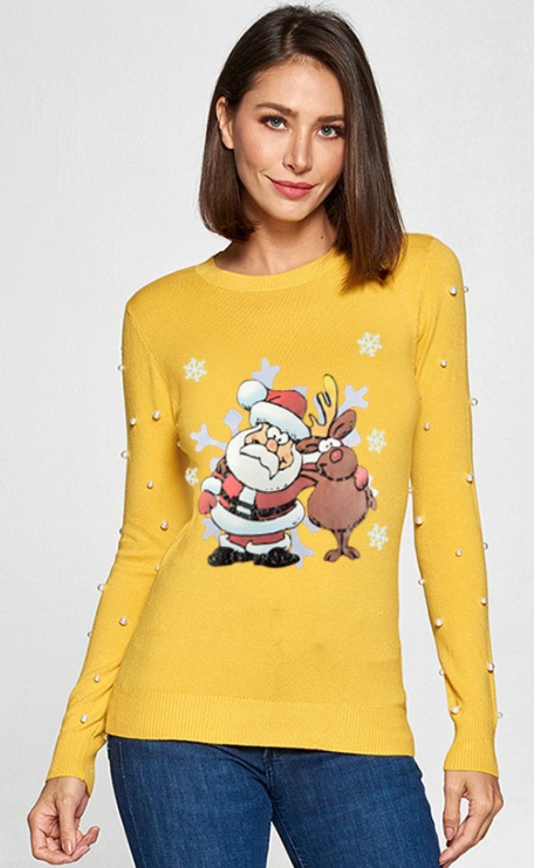 Yellow Christmas Santa Claus Top with Pearl Accents