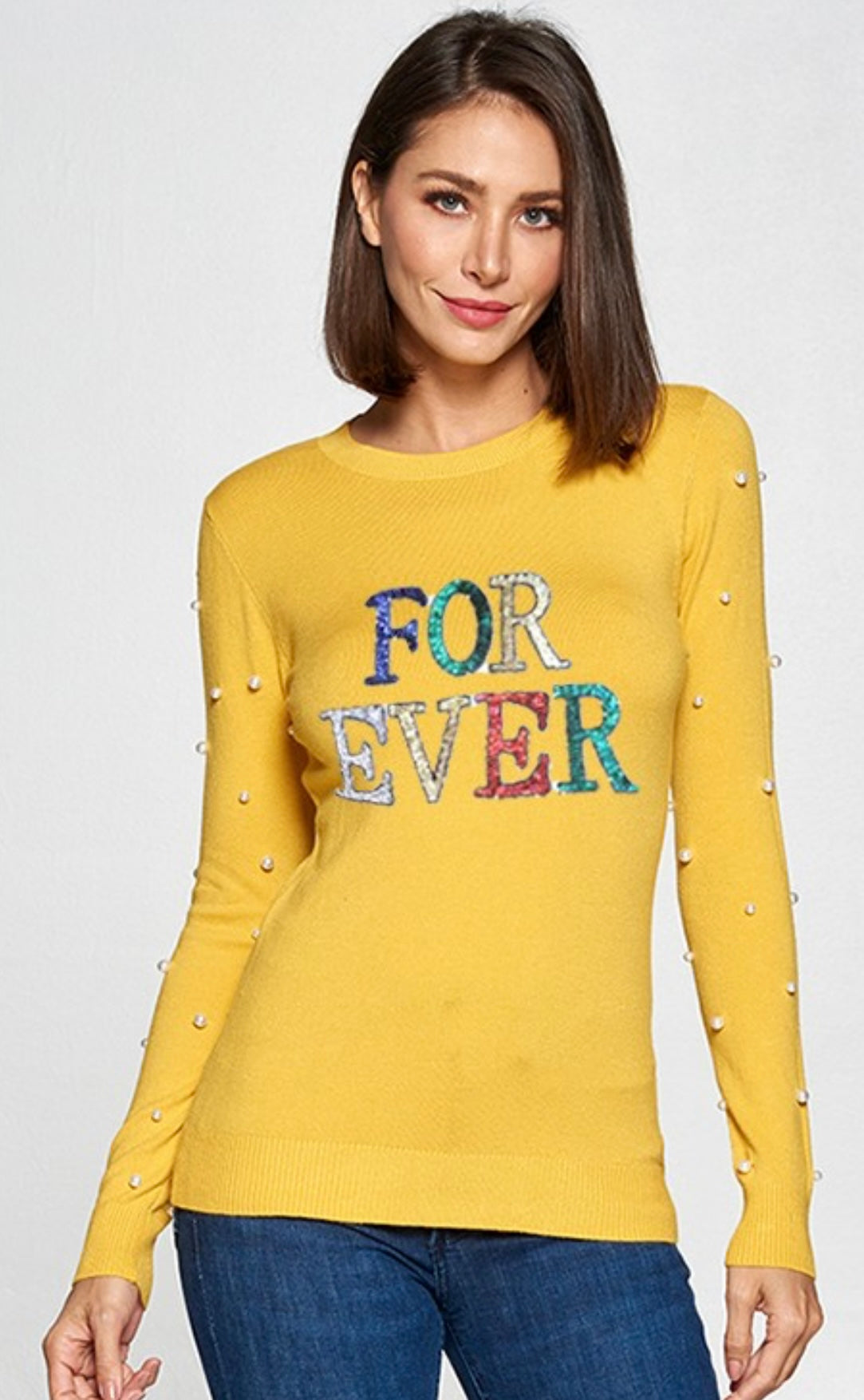 Long Sleeve Top with Pearls and “Forever  Message