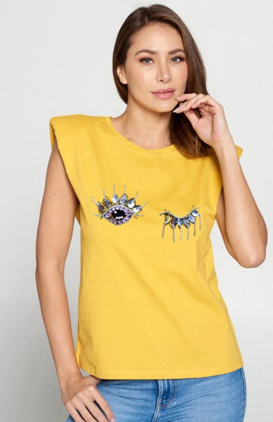 Yellow Short Sleeve Top with Rhinestone Eyes