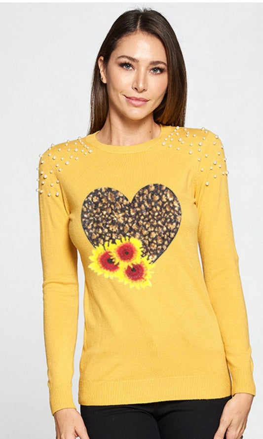 Long Sleeve Top with Pearl-Shoulder Accents and Floral Animal Print Heart