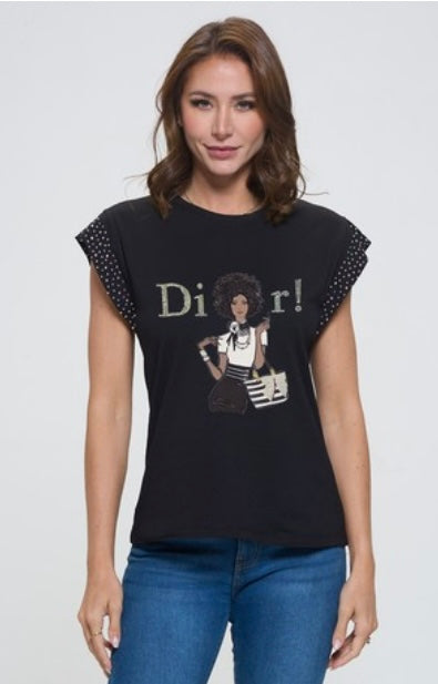 Black Short Sleeve Top with Rhinestone Details and Lady Design PLUS