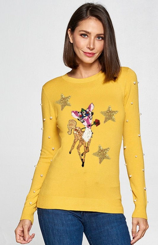 Yellow Star Top with Rhinestones and Reindeer with Rose