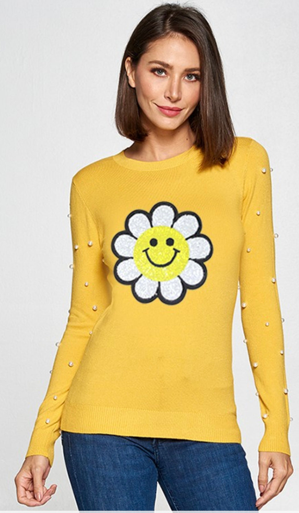 Yellow Long Sleeve Top with Pearls and Happy Face