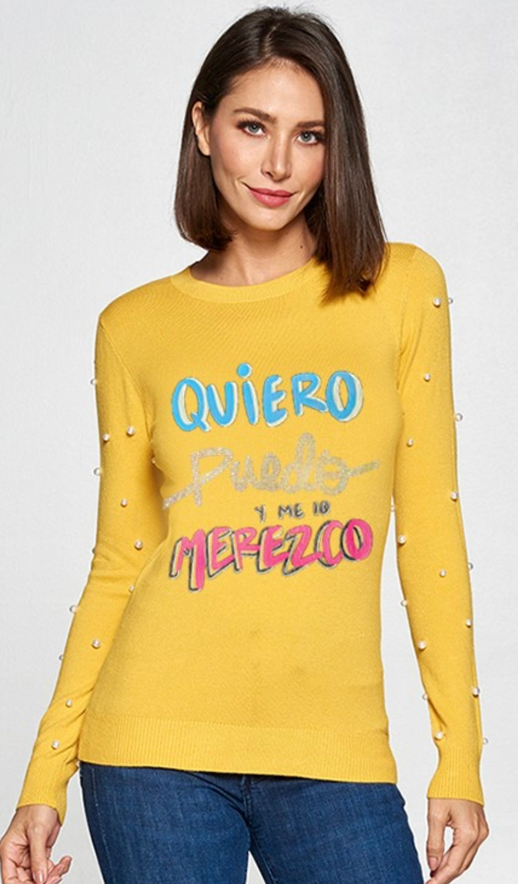 Long Sleeve Top with Pearls and Glitter Message