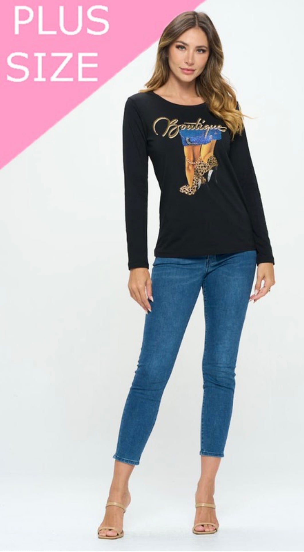 Black Long Sleeve “Boutique” Top with Rhinestone Heels