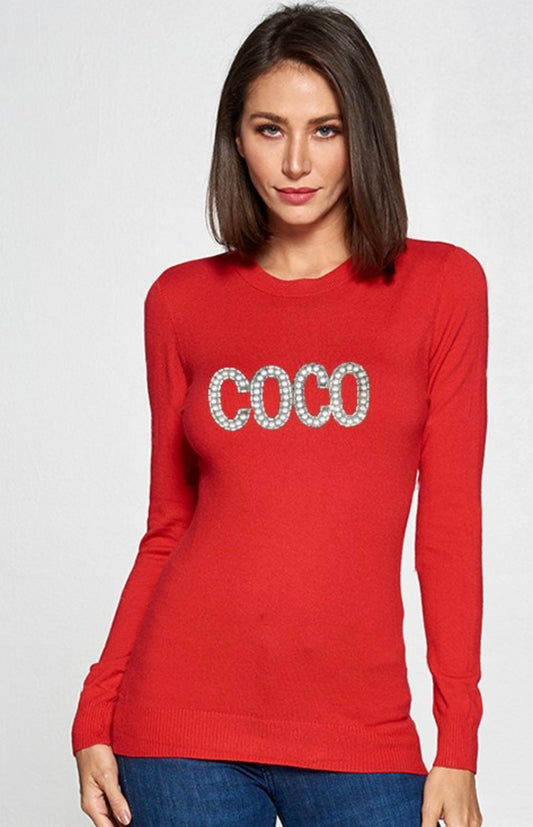 Red Long Sleeve Top with Pearl & Crystal “Coco” Design