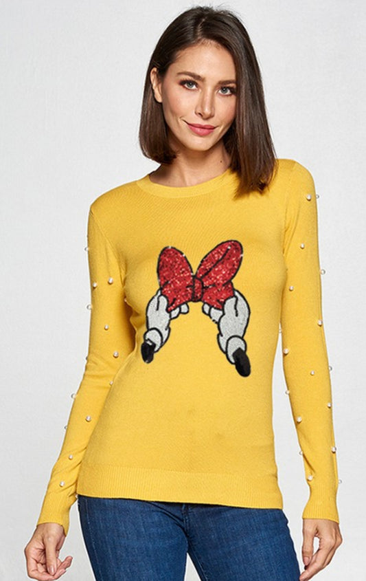 Yellow Long Sleeve Top with Embossed Hands and Red Bow