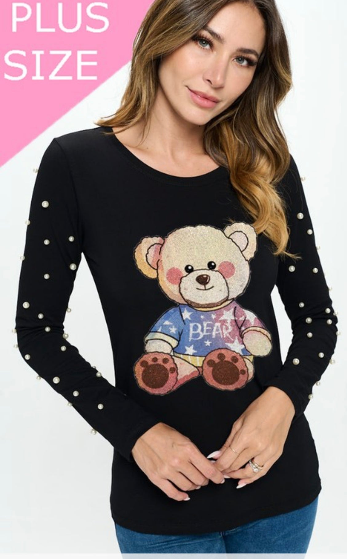 Long Sleeve Top with Pearl-Embellished Sleeves & Rhinestone Bear Design