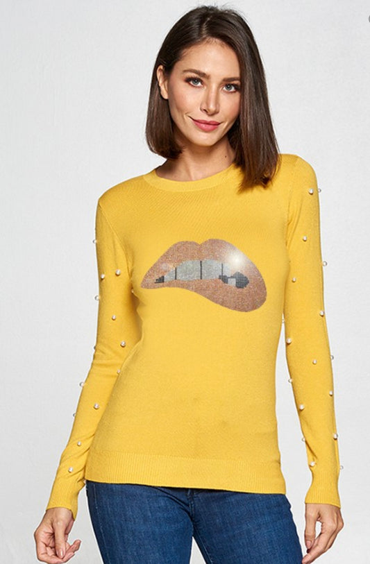 Yellow Top with Rhinestone Lips