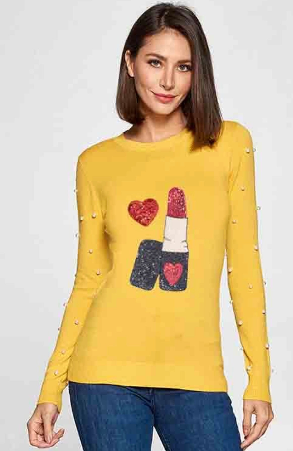 Long Sleeve Top with Embossed Heart and Lipstick