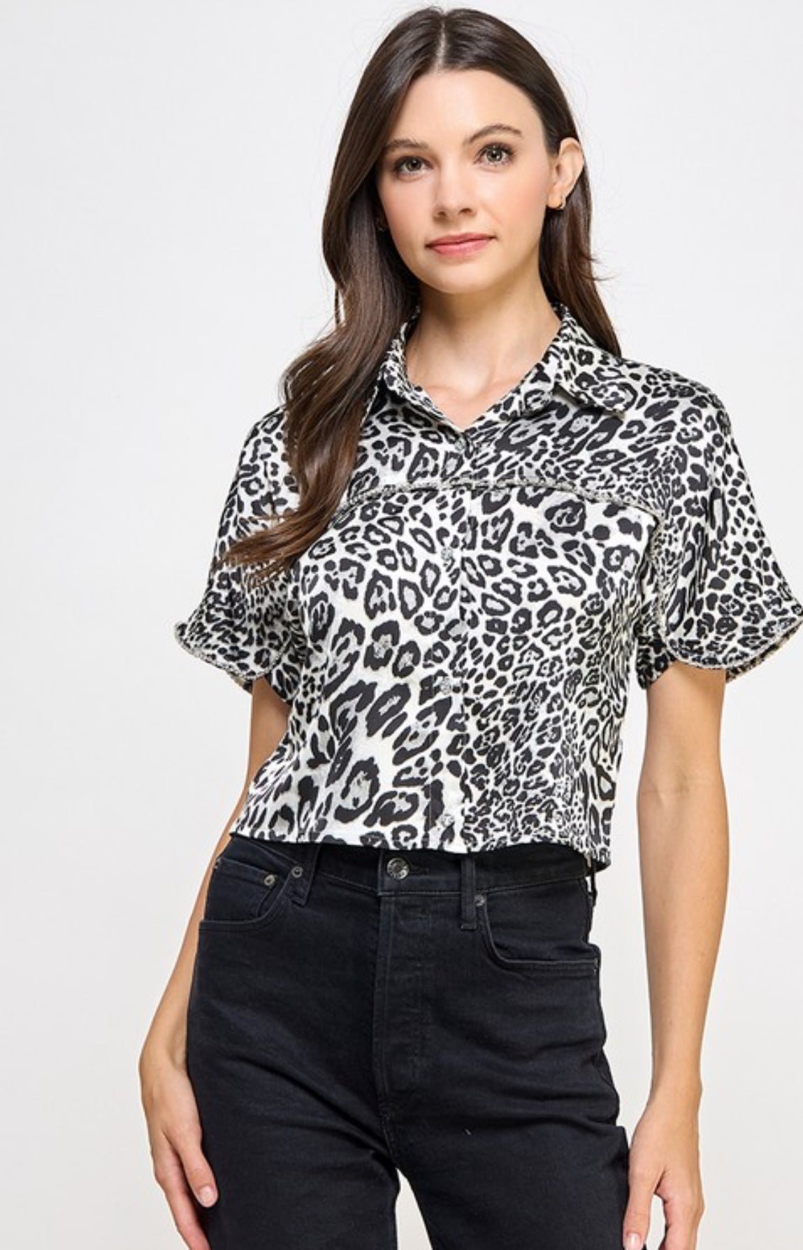 Wild Sparkle  Black-Detail Animal Print Shirt