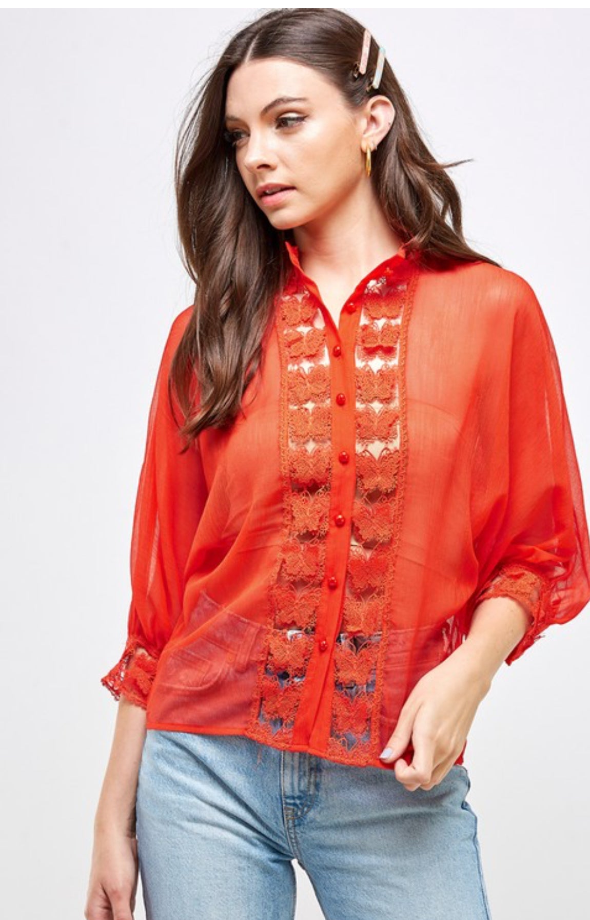 Butterfly Charm Sheer Red Blouse