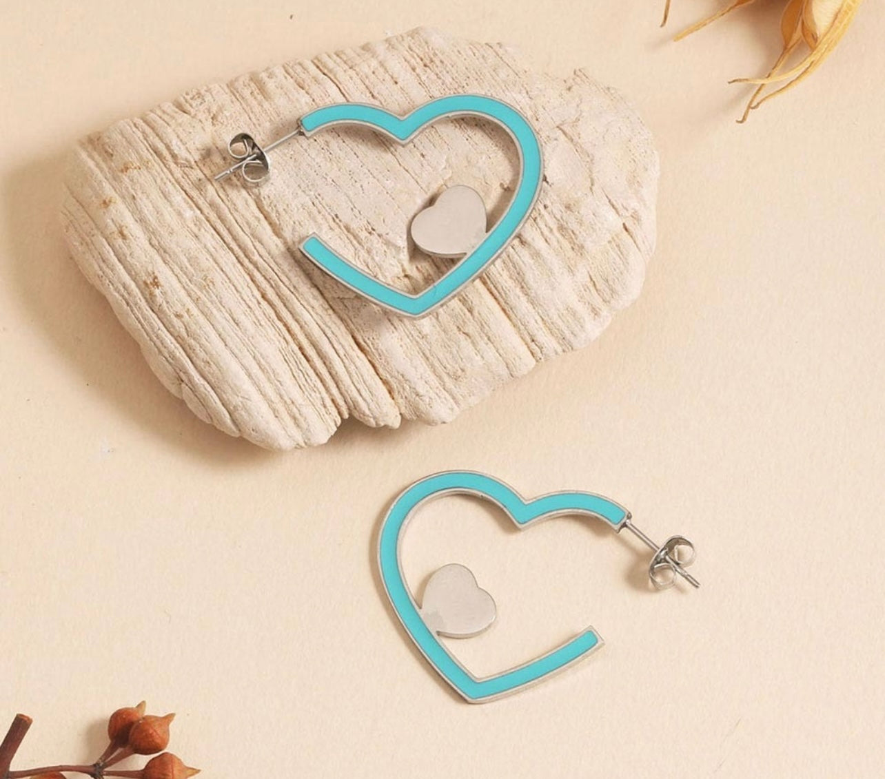 Silver Heart Earring with Mint Green Detail