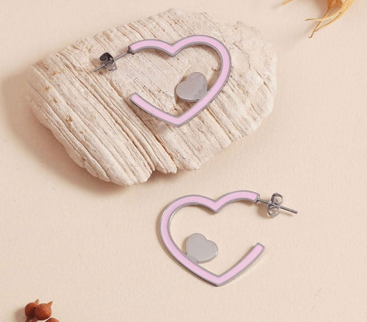 Silver Heart Earring with Rosy Detail