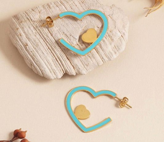 Gold Heart Earring with Mint Green Detail