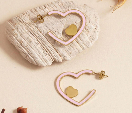 Gold Heart Earring with Pink Detail