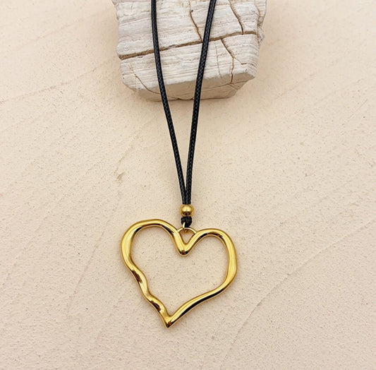 Black Rope Chain with Gold Heart in Stainless Steel