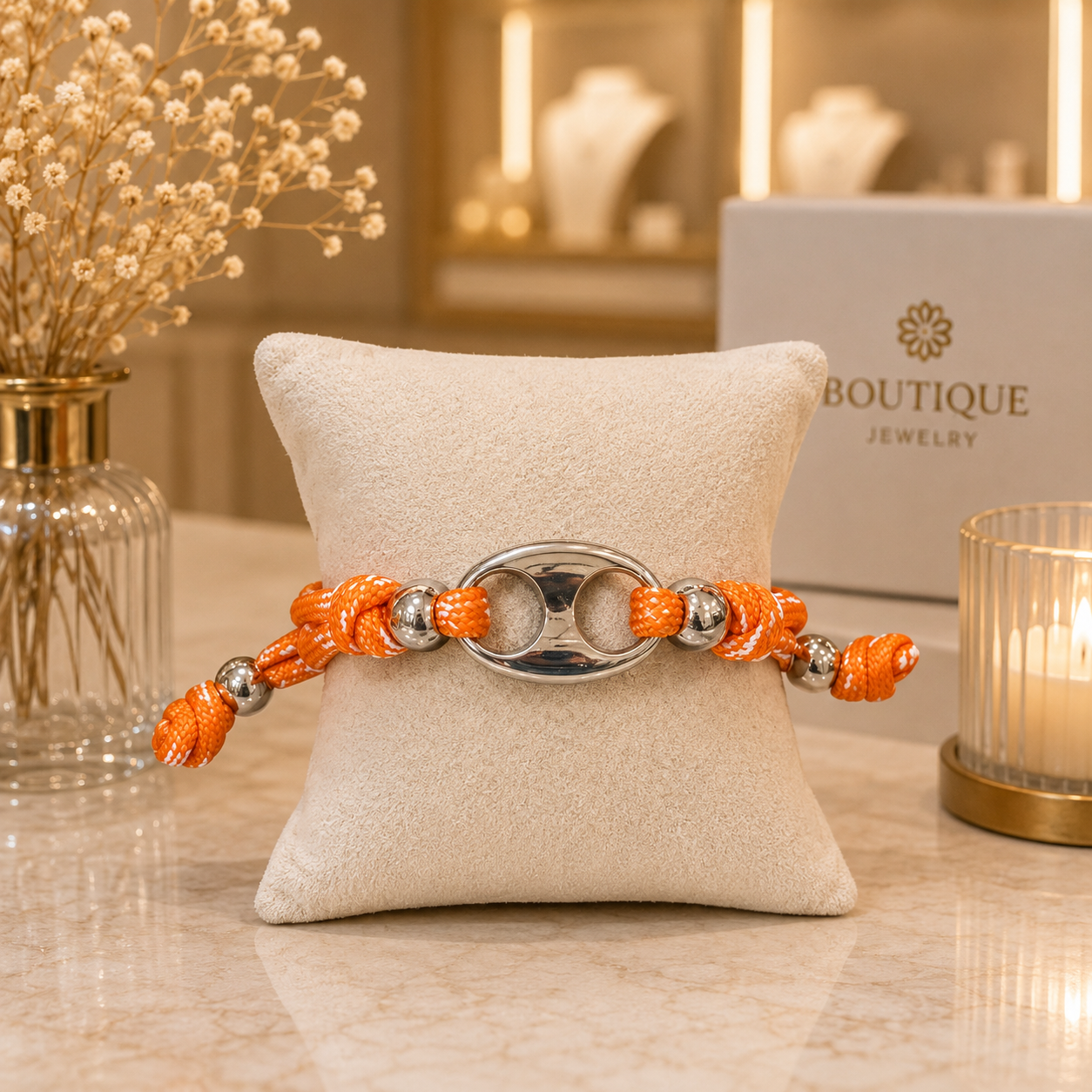 Orange Adjustable Rope Bracelet – Silver Oval Accent