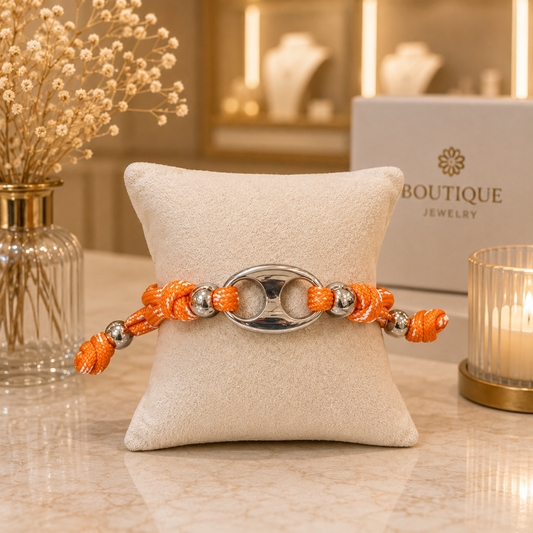 Orange Adjustable Rope Bracelet – Silver Oval Accent