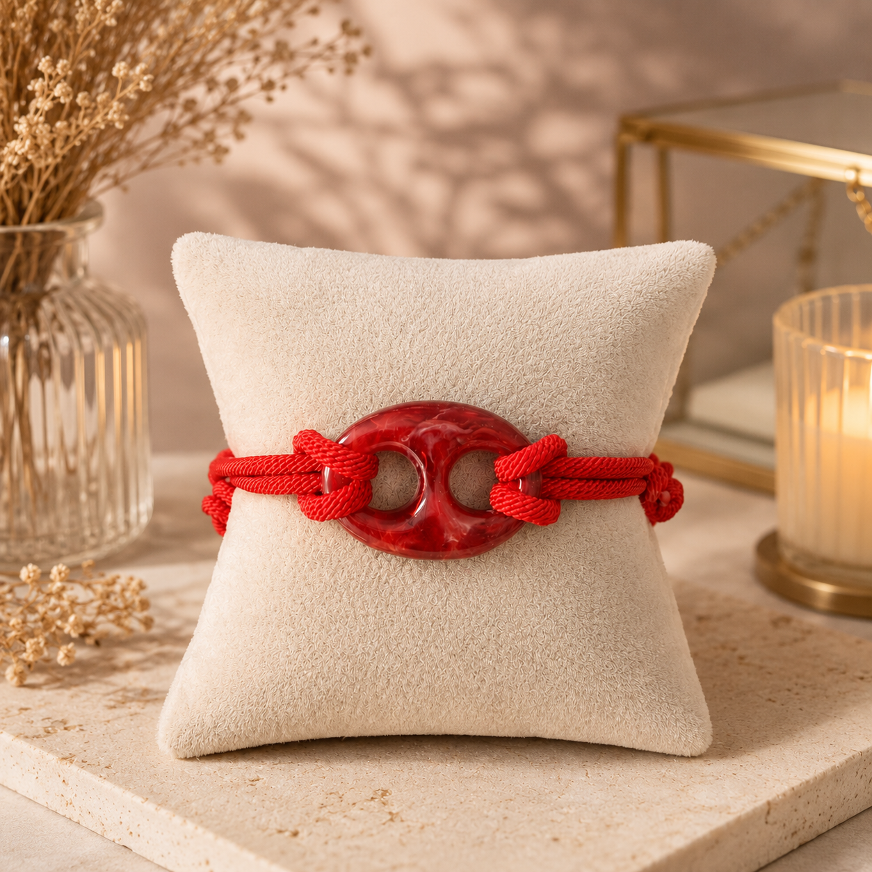 Red Adjustable Rope Bracelet – Marble Oval Accent